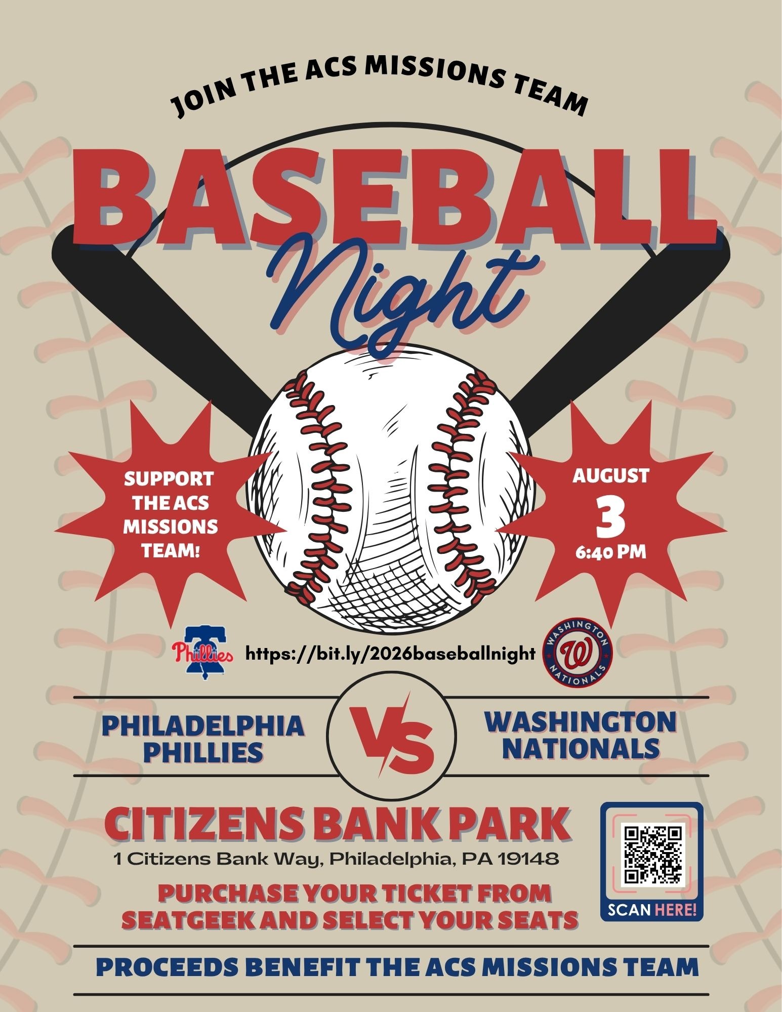 ⚾ ACS Baseball Night — Tickets Available Now!

Join ACS families and friends as the Philadelphia Phillies take on the Washington Nationals on Monday, August 3, 2026, at 6:40 PM at Citizens Bank Park.

Proceeds from ticket sales will support the ACS Missions Team and their mission work. ACS has blocked seats together in designated rows, and tickets are limited, so purchase early!

🎟️ Get your tickets here: https://bit.ly/2026baseballnight

Questions? Email Mr. Dave Genter at dgenter@acseht.org.

#AtlanticChristianSchool #ACSMissionsTeam #ACSBaseballNight #Phillies #CitizensBankPark #SchoolCommunity #MissionWork
