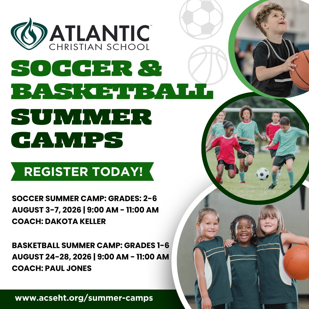 Keep your child active this summer at ACS! ☀️🏀⚽ Registration is now open for our ACS Summer Sports Camps, open to boys and girls in elementary school!

These camps are a great way for students to build skills, grow in confidence, stay active, and enjoy a fun week with friends and ACS coaches.

Cost: $150 per camp
Location: Atlantic Christian School

⚽ Soccer Summer Camp
For students entering Grades 2–6
August 3–7, 2026
9:00 AM–11:00 AM
Coach: Dakota Keller

🏀 Basketball Summer Camp
For students entering Grades 1–6
August 24–28, 2026
9:00 AM–11:00 AM
Coach: Paul Jones

Space is limited, and camps may fill quickly. Register today to save your child’s spot!

To sign up, go to: acseht.org/summer-camps/

#AtlanticChristianSchool #ACSCougars #SummerAtACS #SummerSportsCamp #SoccerCamp #BasketballCamp #EggHarborTownship #SouthJerseyFamilies