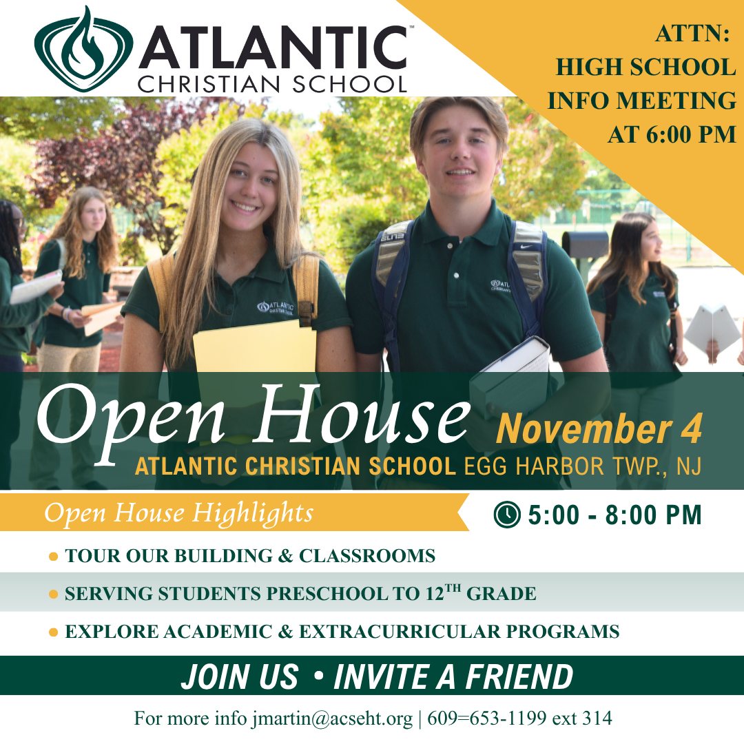 If you or someone you know is seeking a quality Christian education, join us for our upcoming Open House at Atlantic Christian School!

Discover a place where students in preschool through 12th grade can grow in faith, learning, and friendship. Meet our faculty and staff, tour our campus, and explore our academic and extracurricular opportunities.

📍 Address: 391 Zion Road, Egg Harbor Township, NJ 08234

Come see what makes ACS special. We would love to welcome your family!