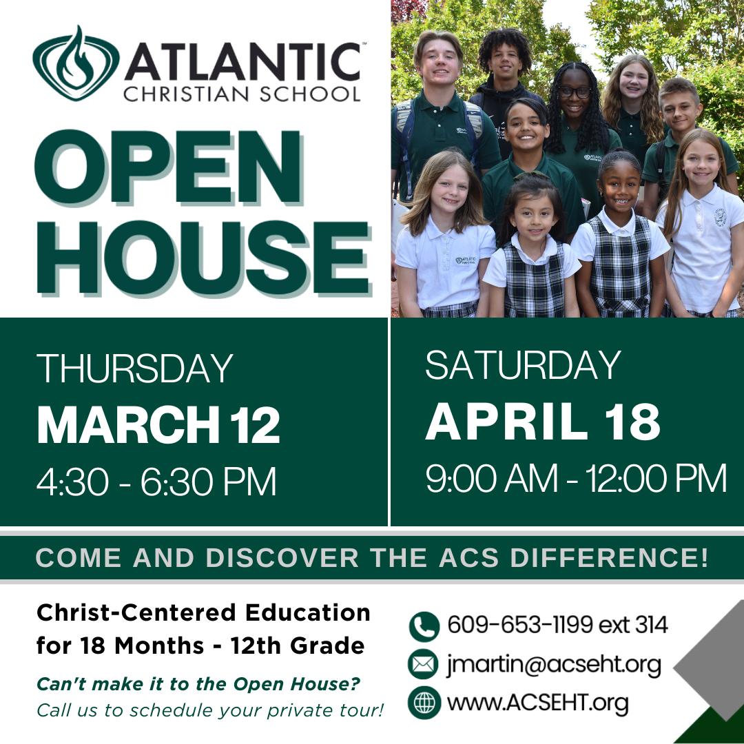 📣 ACS Open House this Thursday, March 12 | 4:30–6:30 PM

Is Atlantic Christian School the right fit for your family? Come and see for yourself.

Visit our campus and learn how students from 18 months through 12th grade are taught with academic excellence and a strong biblical foundation. During the Open House, you will have the opportunity to tour our classrooms, meet our teachers and staff, and learn how ACS prepares students to grow in faith, knowledge, and character.

👉 Reserve your spot or schedule a private tour today.
📧 Contact Jessica Martin at jmartin@acseht.org

#OpenHouse #NowEnrolling #PrivateTour #ChristianSchool #PrivateSchool #ChristianEducation #acseht
