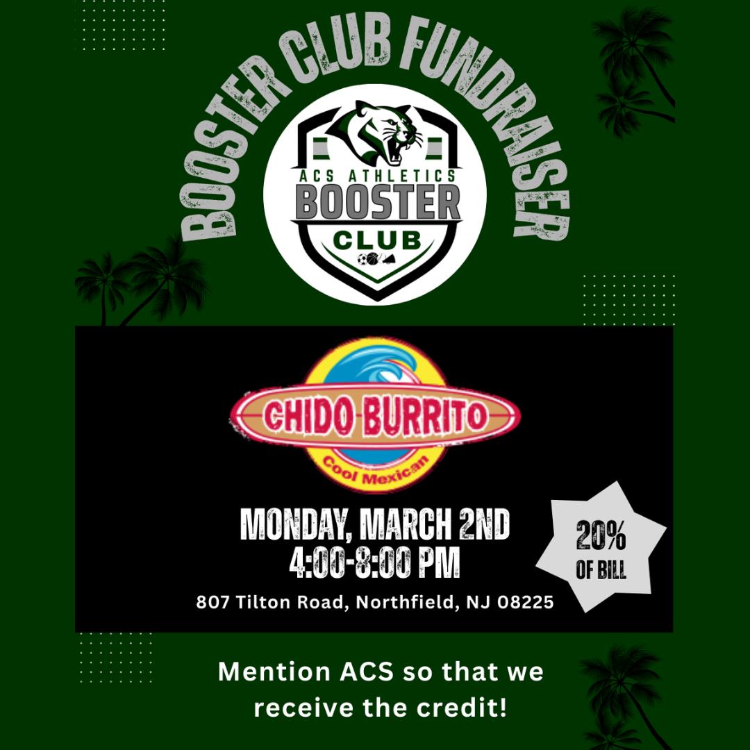 Tomorrow is Spirit Night! Support ACS Athletics by dining at Chido Burrito in Northfield on Monday, March 2! 20% of your bill goes right back to our student-athletes — just mention ACS at checkout.

⏰ 4–8 PM | 📍 Northfield, NJ

The more people who show up, the more we raise! Bring a friend and let's pack the place. We'd love to see you there! 

#ACSEHT #GoCougars #SpiritNight #AtlanticChristianSchool #ChidoBurrito