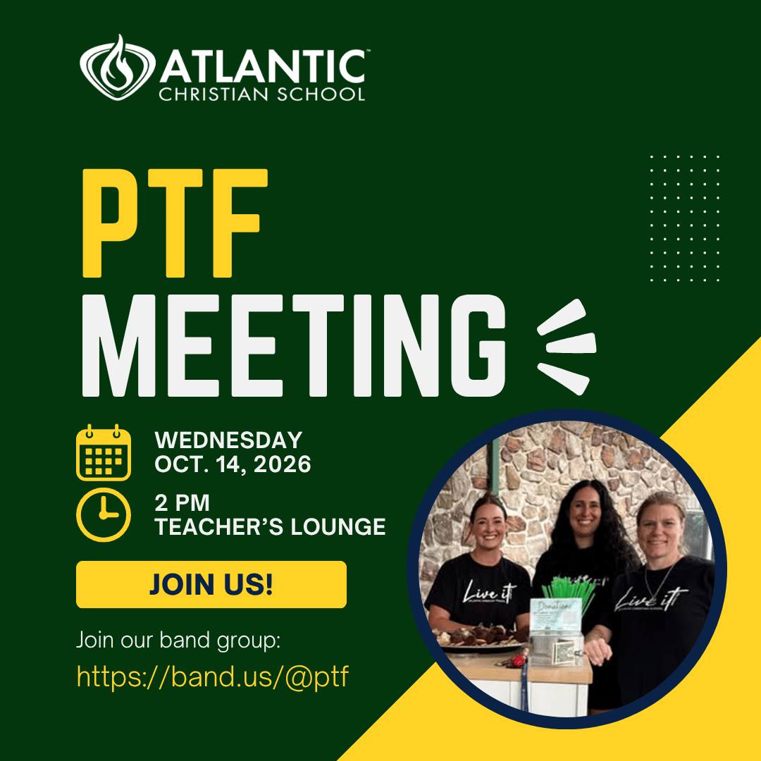 📣 ACS parents, you’re invited!  Join our Parent-Teacher Fellowship for its first meeting of the school year tomorrow, Wednesday, October 14, at 2:00 p.m. in the ACS Teachers’ Lounge.  Connect with other parents and learn how you can help support our teachers, students, and school community. We’d love to see you there!

#acseht #AtlanticChristianSchool #ptf #parentteacherfellowship