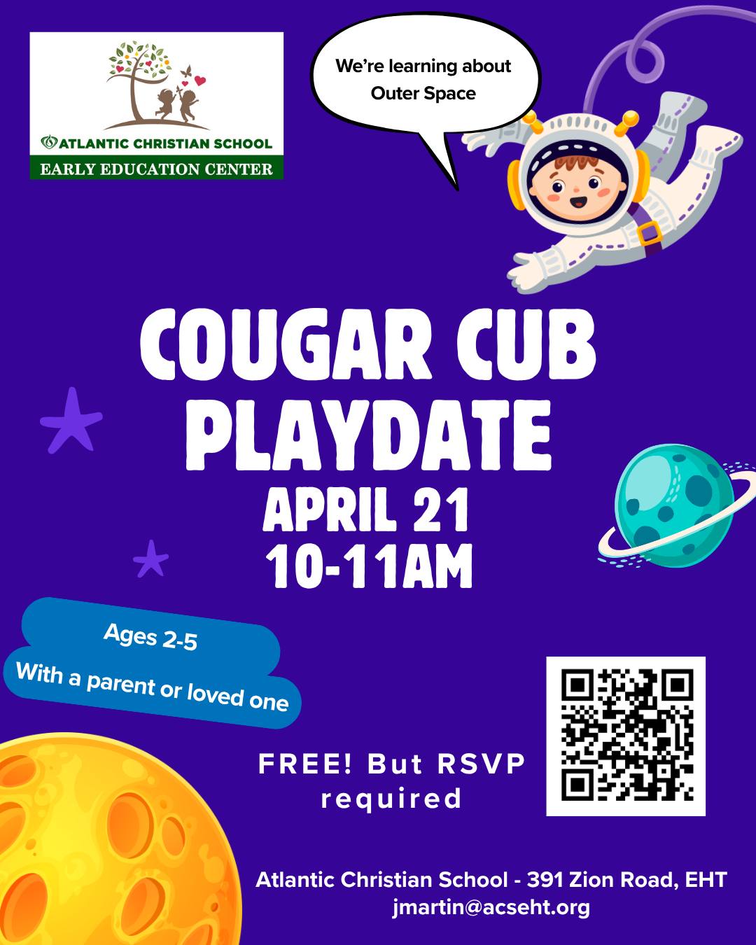 Looking for a fun and meaningful way to spend time with your little one? We would love to invite you to a special Preschool Playtime at Atlantic Christian School!

This event is designed for children ages 2–5 who are not currently enrolled at ACS. It is a wonderful opportunity to explore, play, and connect together in a caring environment.

During this hour, you and your child will enjoy:
• Interactive playtime
• Singing and movement
• Story time
• A simple craft
…and more, all led by our Early Education Director, Teresa Bird, and her team.

Join us this Tuesday, April 21
10:00–11:00 AM
ACS Early Education Center

This month’s theme is “Outer Space”—a fun adventure your child will not want to miss!

Space is limited, so be sure to sign up soon. We look forward to welcoming you and your child for a joyful morning together.

#preschoolplaydate #acseht #mommyandme