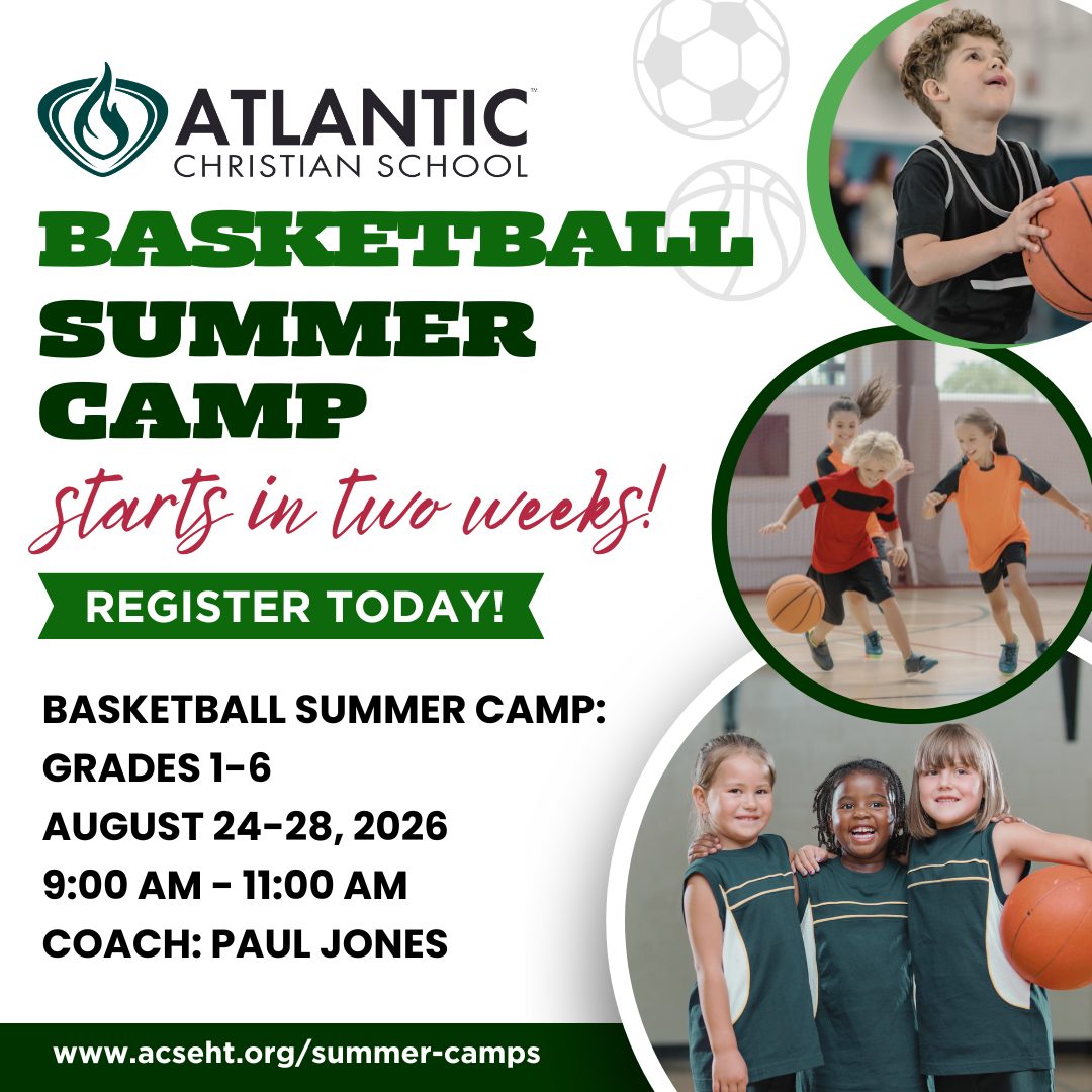 🏀 Basketball Camp starts in just two weeks!

There is still time to register! Students entering grades 1–6 are invited to join Coach Paul Jones for a week of basketball, skill-building, and fun.

📅 August 24–28
⏰ 9:00–11:00 a.m.
🏀 Grades 1–6
Register here: https://acseht.org/summer-camps

Don’t miss out—register today and get ready to hit the court!

#AtlanticChristianSchool #ACSCougars #BasketballCamp #SummerCamp #YouthBasketball #ChristianEducation #SouthJersey #EggHarborTownship #ACSEHT