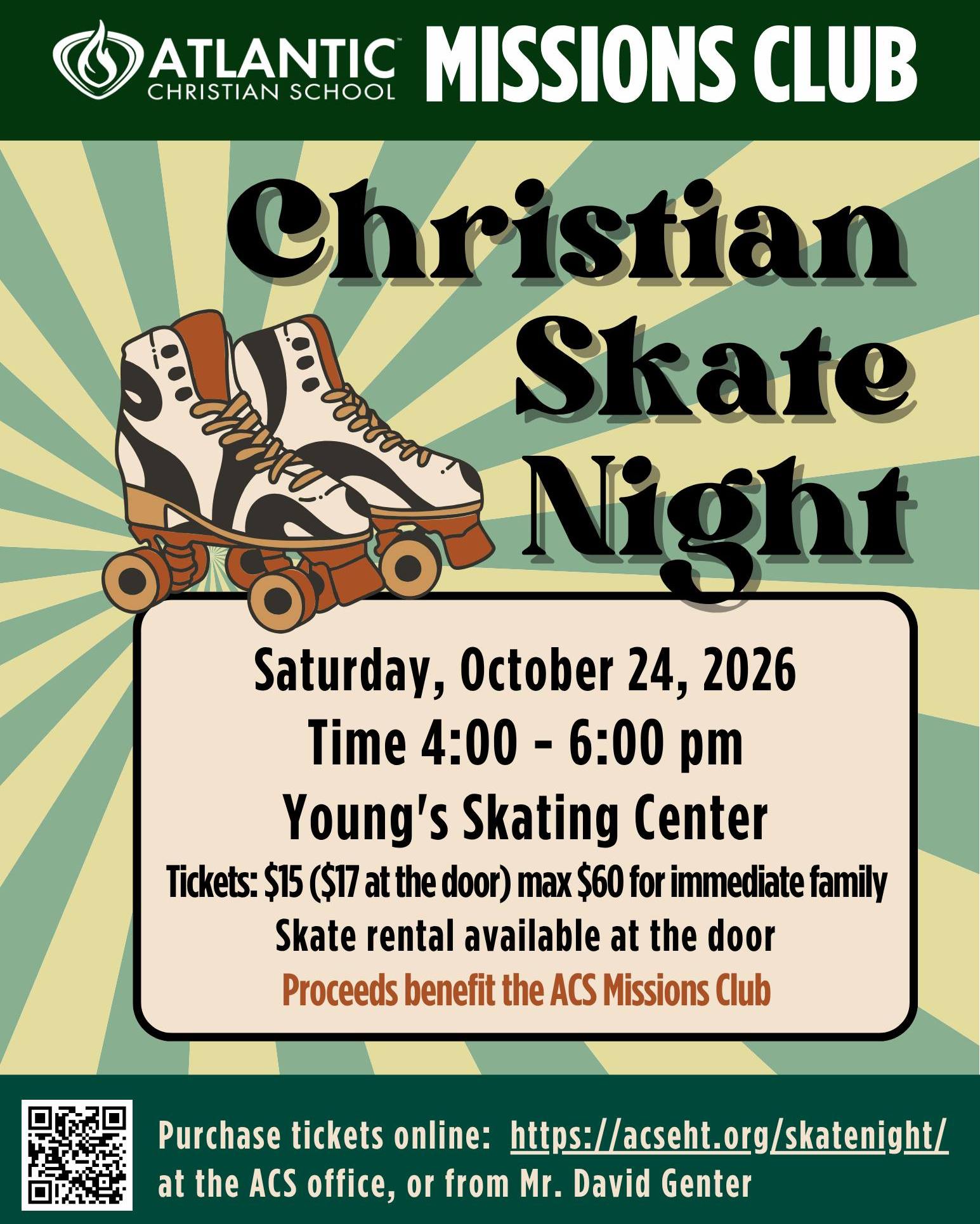 Join us for an evening of skating, fellowship, and family fun while supporting the ACS Missions Team as our students prepare to serve others and share the love of Christ!

📅 Saturday, October 24
🕓 4:00–6:00 p.m.
📍 Young’s Skating Center

🎟️ $15 per person in advance | $17 at the door
👨‍👩‍👧‍👦 Maximum admission cost: $60 per immediate family | Skate rentals are extra and available at the door.

Everyone is welcome! Invite your friends, neighbors, and church family.

👉 Purchase tickets: https://acseht.org/skatenight/

#AtlanticChristianSchool #ACSMissions #ChristianSkateNight #FamilyFun