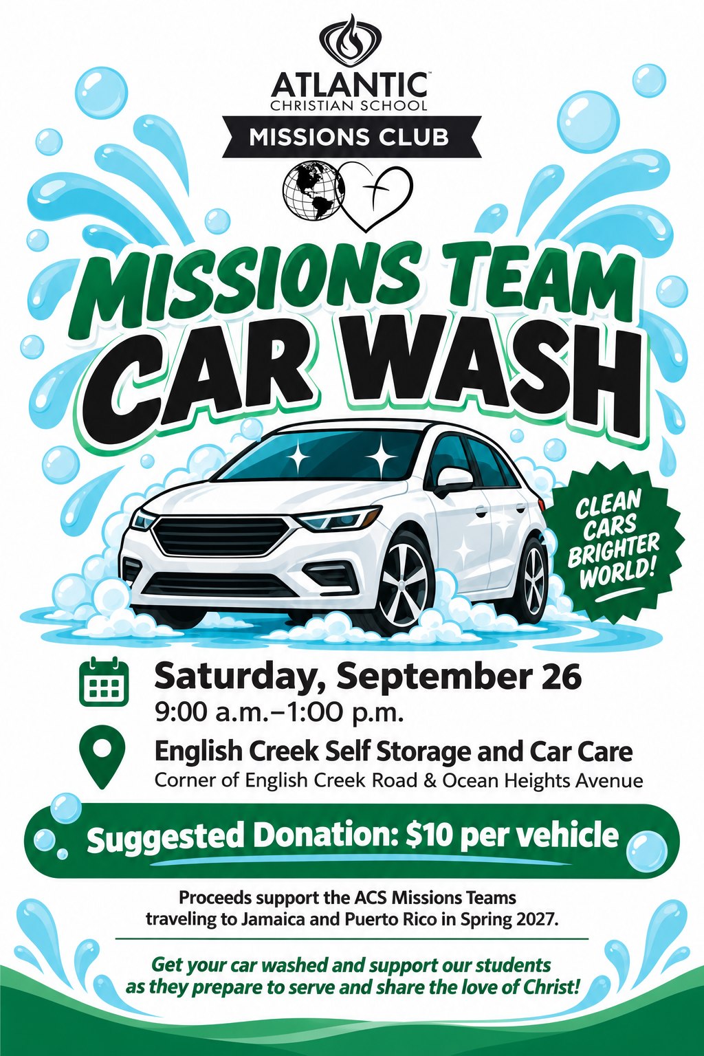 Support ACS Missions this Saturday! 🚗🧼 Stop by English Creek Self Storage and Car Care from 9:00 a.m. to 1:00 p.m. for our Missions Team Car Wash. The suggested donation is $10, and all proceeds support our spring mission trips to Jamaica and Puerto Rico.  Come get your car washed and help our students share the love of Christ! 💚

#acseht #ACSMissions #CarWashFundraiser
