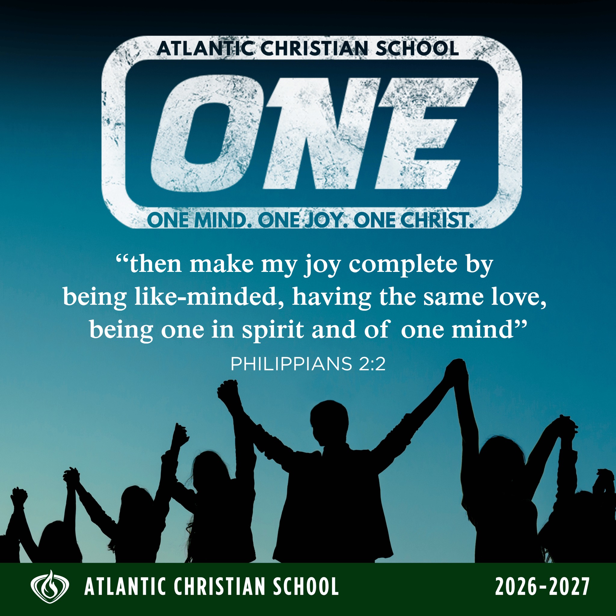 “Then make my joy complete by being like-minded, having the same love, being one in spirit and of one mind.” —Philippians 2:2

This year, Philippians 2:2 will guide our chapel messages and serve as our theme verse. As one school community, we will learn what it means to share Christ’s love, grow together in faith, and live in unity.

Please pray that God will use this verse to shape the hearts of our students, faculty, and staff throughout the school year.

#AtlanticChristian #SundayScripture #Philippians22 #ChristianEducation #OneInChrist #ACSEHT