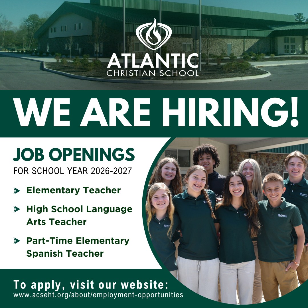 We Are Hiring!  We are looking for dedicated educators to join our school community for the upcoming school year.

Current openings include:

Elementary Teacher
High School Language Arts Teacher
Part-Time Elementary Spanish Teacher

We are seeking caring, qualified individuals who are passionate about teaching, mentoring students, and serving in a Christ-centered school environment.

To learn more and apply, visit:
www.acseht.org/about/employment-opportunities

Please share this opportunity with someone who may be a great fit for ACS!

#AtlanticChristian #ACSEHT #ChristianEducation #JobOpenings #SouthJerseyJobs #atlanticcounty #christianschool #teachingpositions