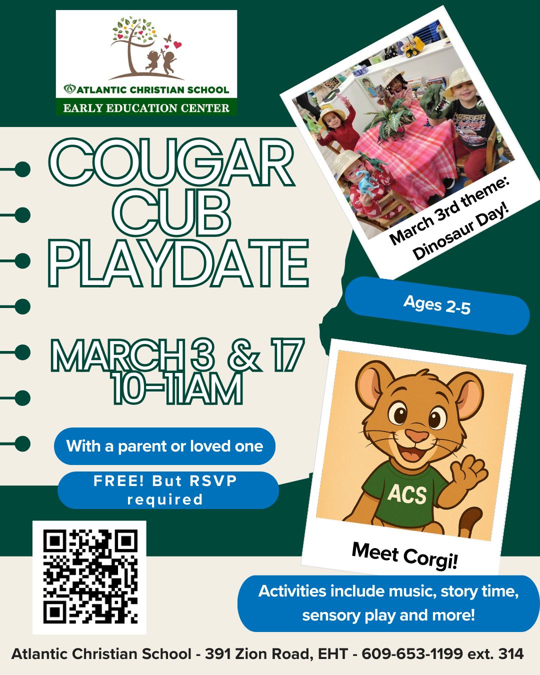 Cougar Cub Playdate is tomorrow, Tuesday, March 3.  If you have any questions, please contact Jessica Martin at jmartin@acseht.org 

#acseht #CougarCubPlaydate #mommyandmetime