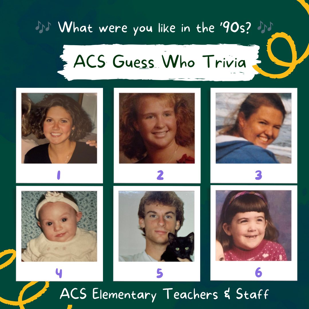 🎶 What were you like in the ’90s? 🎶

Our ’90s Guess Who Trivia continues! This week, we are featuring throwback photos of some of our ACS Elementary Teachers & Staff from the 1990s.

Can you guess who is who? 👀

Here’s how to play:
Comment your guesses for each photo. The person who guesses the most staff members correctly will win an ACS T-shirt featuring the 2026-2027 school theme verse!  In the event of a tie, we will randomly draw one winner from those with the highest number of correct guesses.

We will reveal the answers on Monday, so be sure to check back!

Bonus points for sharing your own photo or favorite ’90s memory, fashion trend, song, or school-day moment. 😊

#ACSCougars #ThrowbackFun #90sChallenge #ACSCommunity #GuessWho #AtlanticChristian #ACSEHT