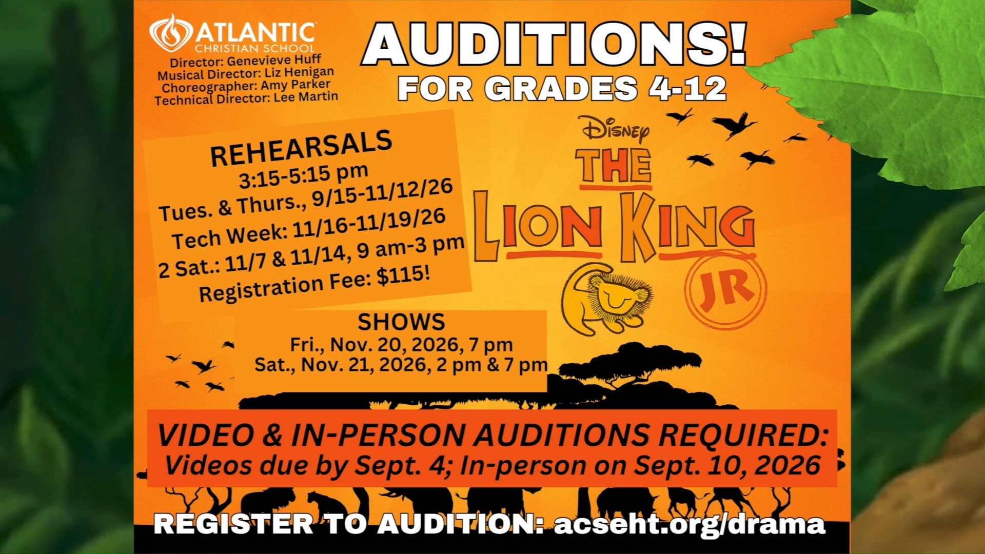 🎶 Hakuna Matata… it means no worries! 🦁  The excitement for Disney’s The Lion King JR. continues to grow at ACS! Students in grades 4–12 are invited to audition and be part of this unforgettable production as we bring the Pride Lands to life on the ACS stage.

🎭 Performances: Friday, November 20, and Saturday, November 21
🔗 Register to audition: https://acseht.org/drama/

#AtlanticChristianSchool #TheLionKingJR #ACSDrama #StudentAuditions #MusicalTheater #HakunaMatata