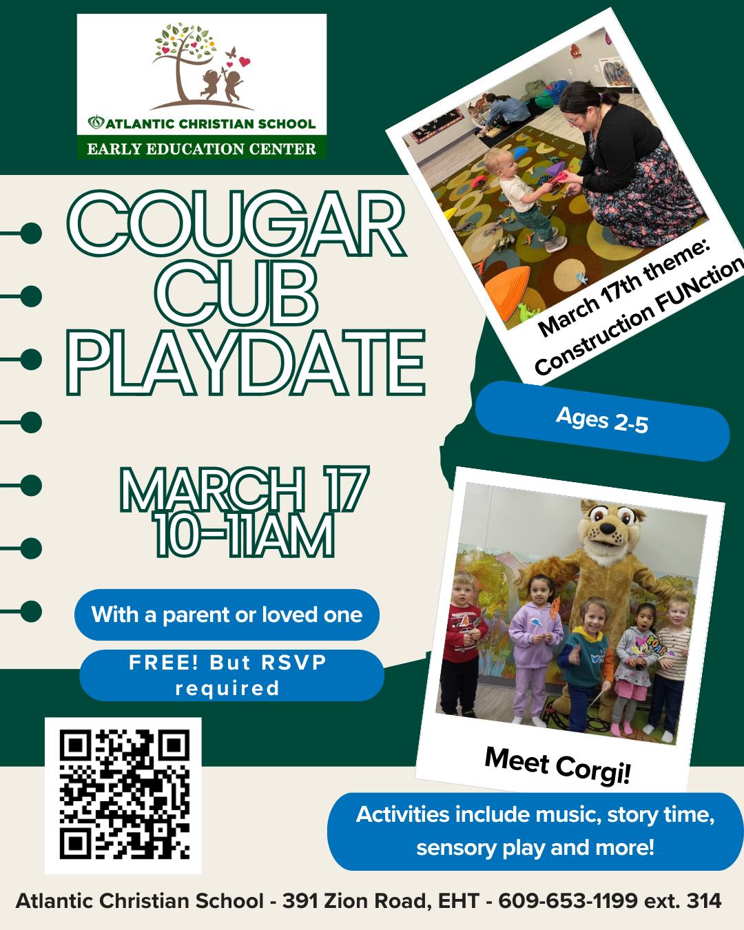 Attention parents of preschoolers!  If your child is NOT a  current student at ACS, we invite you to experience a preschool playtime for you and your child, aged 2-5. 

You and your child will get to play together, sing, have story time, craft time and more, led by ACS Early Education Director, Teresa Bird and staff. 

Our once-a-month playdate for March will be this Tuesday, March 17 and the theme is "Construction FUNction". It is held from 10-11 on ACS' campus.  Space is limited so sign up today! 

#preschoolplaydate #acseht #mommyandme