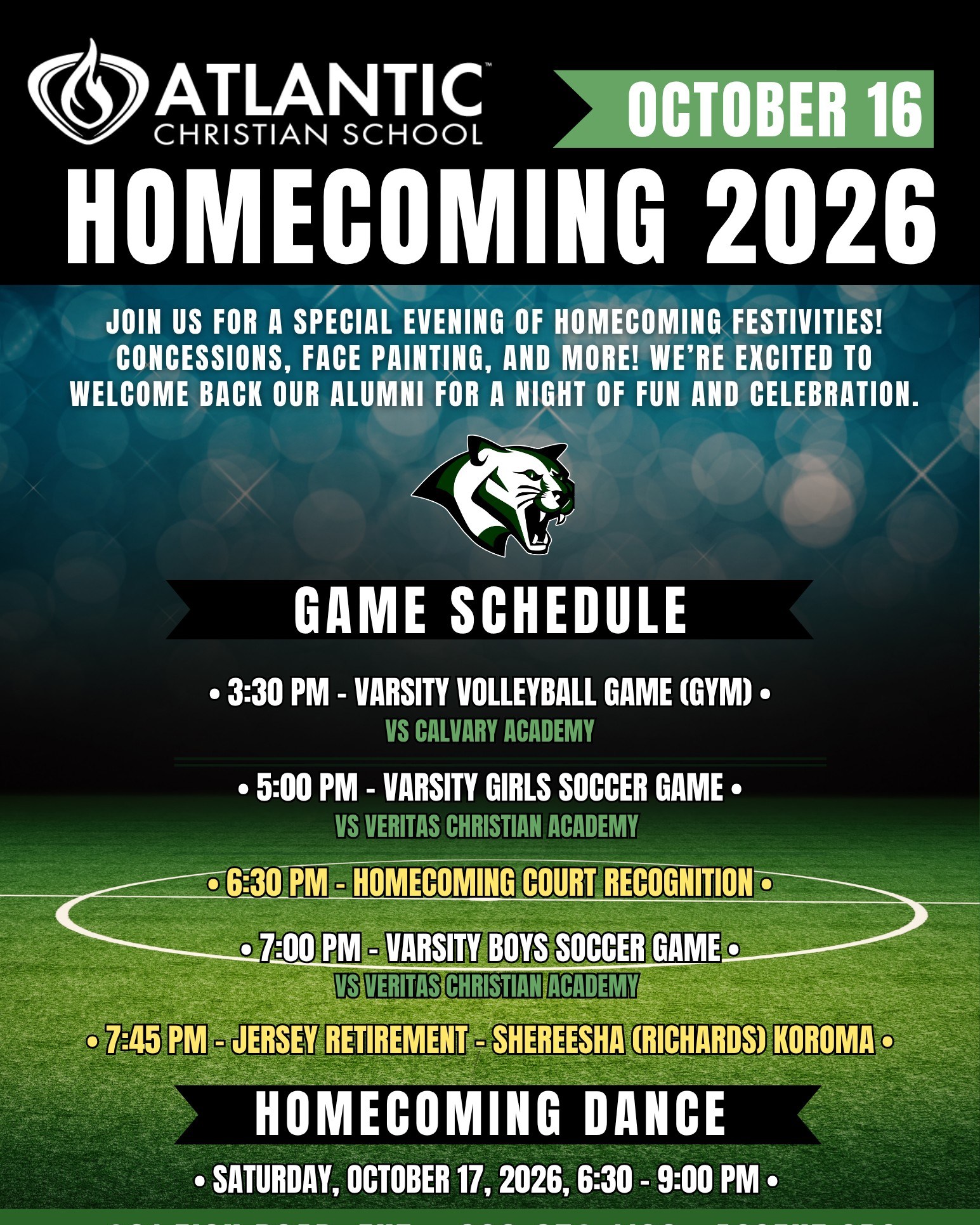 💚🤍 Wear Green and White this Friday and join us for homecoming games! Bring your Cougar spirit as we gather on Friday, October 16, to cheer on our volleyball and soccer teams!

ACS families, students, staff, and alumni are invited to enjoy an evening of fellowship, Homecoming Court recognition, student performances, concessions, and club tables. 🏐⚽

We’ll also celebrate a special moment in ACS athletics as we retire the jersey of ACS alumna Shereesha Richards (’12)! Alumni, welcome home! We would love to see you back at ACS. Reconnect with friends and stop by our alumni tent for a special gift. 

Come cheer on our Cougars and celebrate with your ACS family!

#ACSHomecoming #CougarSpirit #AtlanticChristianSchool #acseht #Homecoming2026
