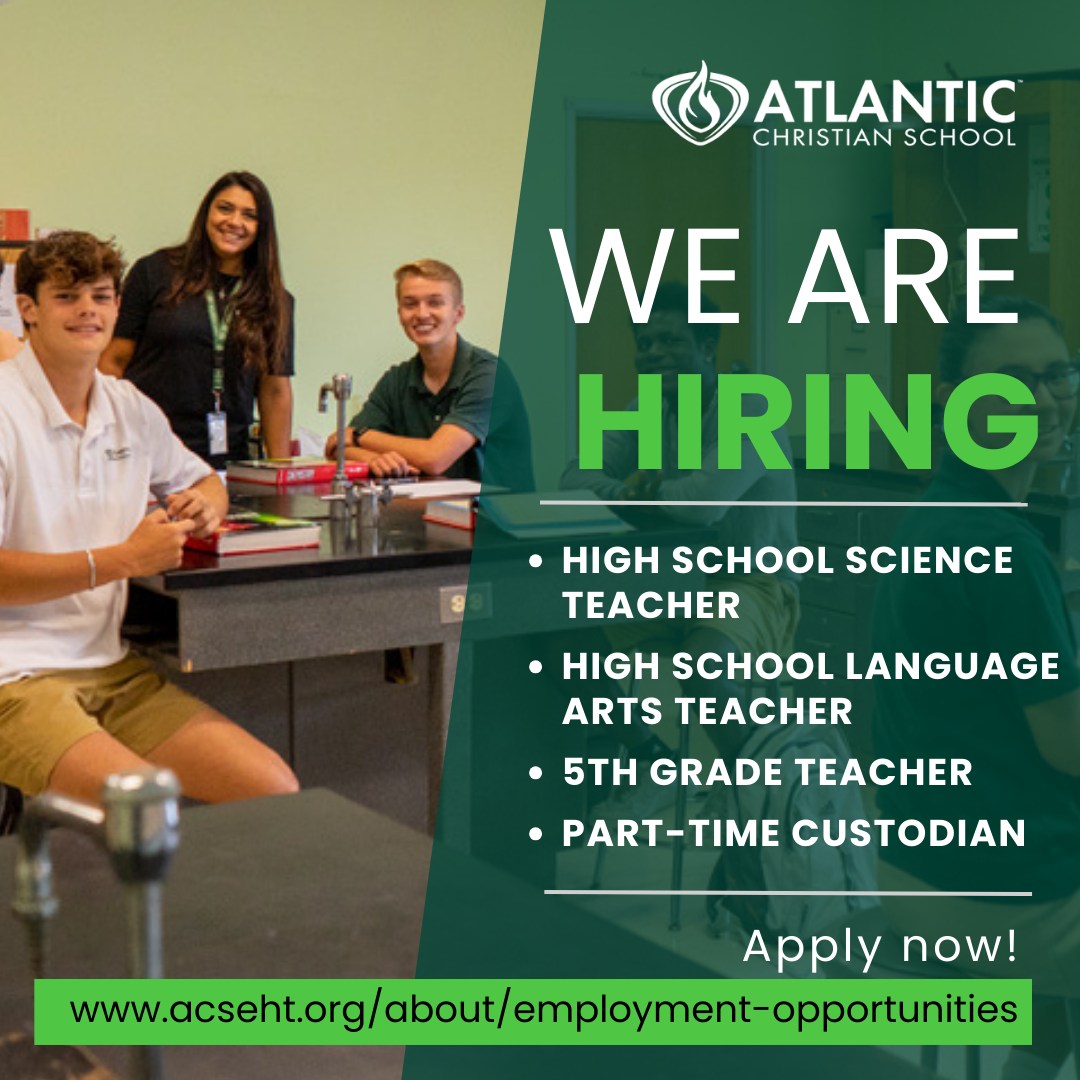 We Are Hiring at Atlantic Christian School!  ACS is seeking qualified individuals who have a love for the Lord and a heart for students to join our growing ministry.

Job Openings:
• High School Science Teacher (School Year 2026-2027)
• High School Language Arts Teacher (School Year 2026-2027)
• 5th Grade Teacher (Bible, Science, and Math) (School Year 2026-2027)
• Custodian – Part-Time (Immediate Opening - Evenings and Saturdays)

Salary is based on education and experience.

If you feel called to serve in Christian education, please visit the link below to learn more and apply.

Apply here:
https://acseht.org/about/employment-opportunities/

Please feel free to share this post to help us connect with the right candidates.

#acseht #atlanticcountyjobs #wearehiring #christianeducation