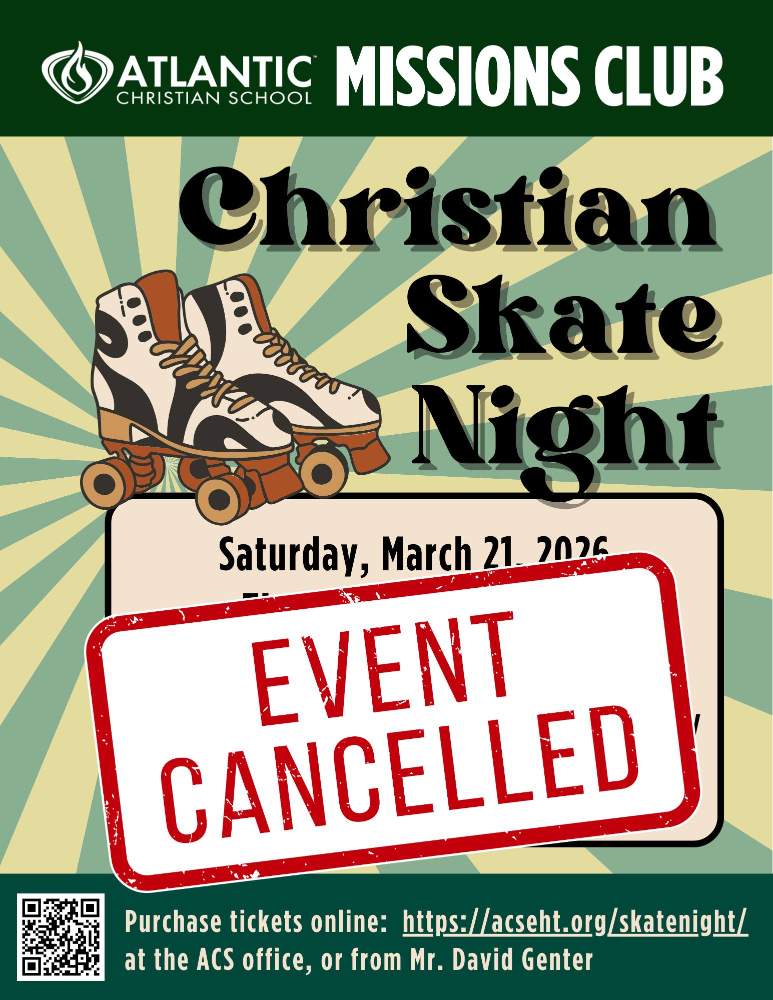The Christian Skating Night scheduled for Saturday, March 21, has been canceled and will be rescheduled for a later date. For questions, please email Mr. Dave Genter at dgenter@acseht.org
