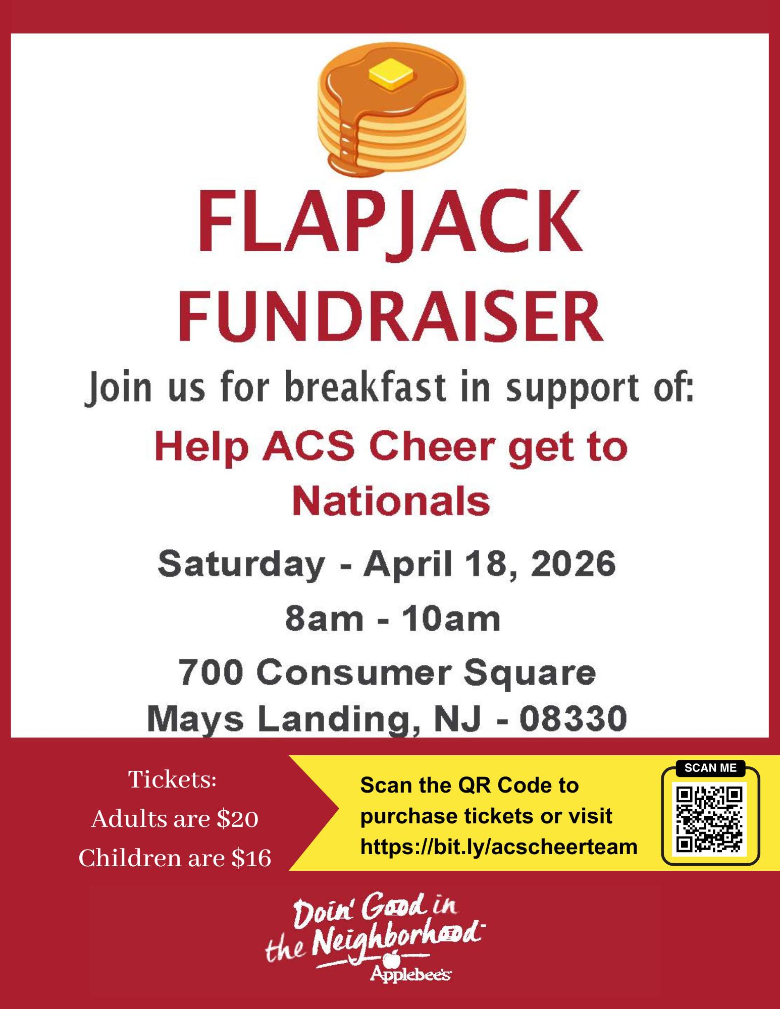 Come out and support the ACS Cheerleading Team this Saturday morning!

Join us for a Flapjack Fundraiser at Applebee’s in Mays Landing on April 18, 2026, from 8:00–10:00 AM. Enjoy a warm breakfast while helping our cheerleaders raise funds for their trip to Nationals. To purchase tickets, go to http://bit.ly/acscheerteam

Bring your family and friends—we would love to see you there!