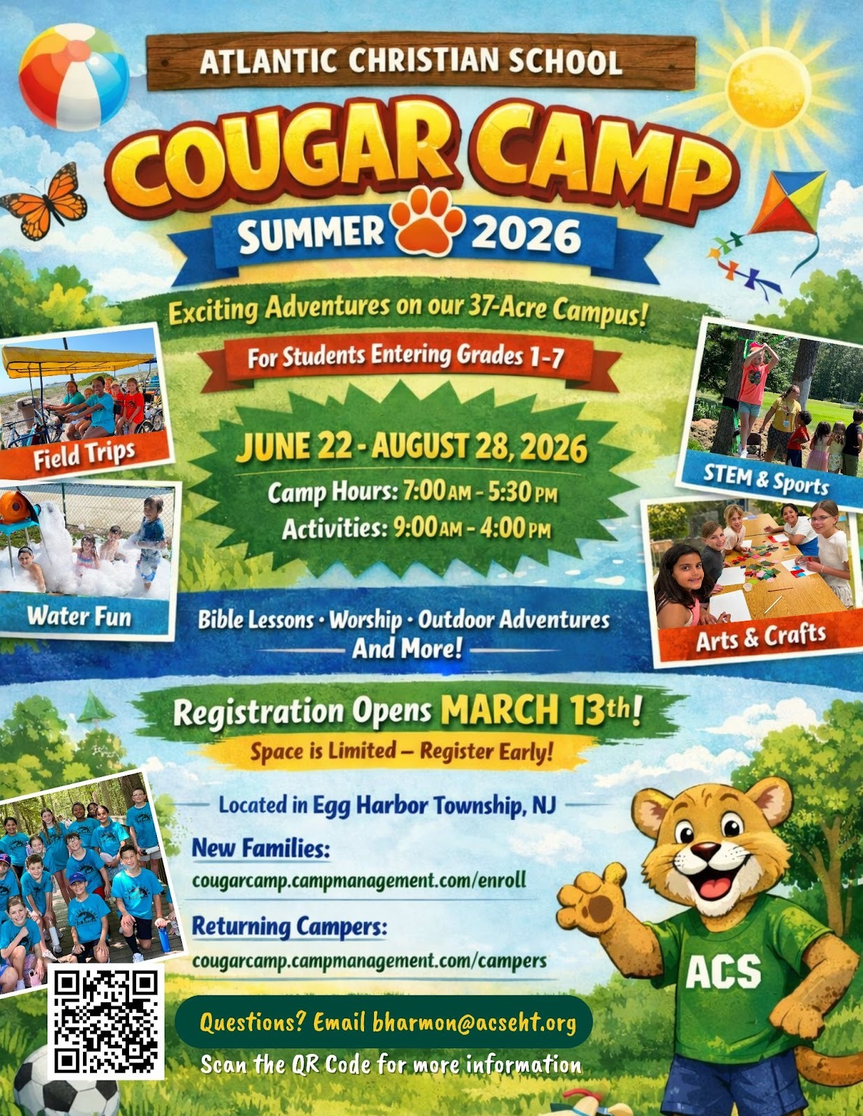 Looking for a fun and meaningful summer for your child? Atlantic Christian School’s Cougar Summer Camp is now open for students entering grades 1–7!

Register today:
New Families: https://cougarcamp.campmanagement.com/enroll
Returning Families: https://cougarcamp.campmanagement.com/campers

📧 Questions? bharmon@acseht.org
Spots fill quickly—we would love to have your child join us!

#acseht #CougarCamp