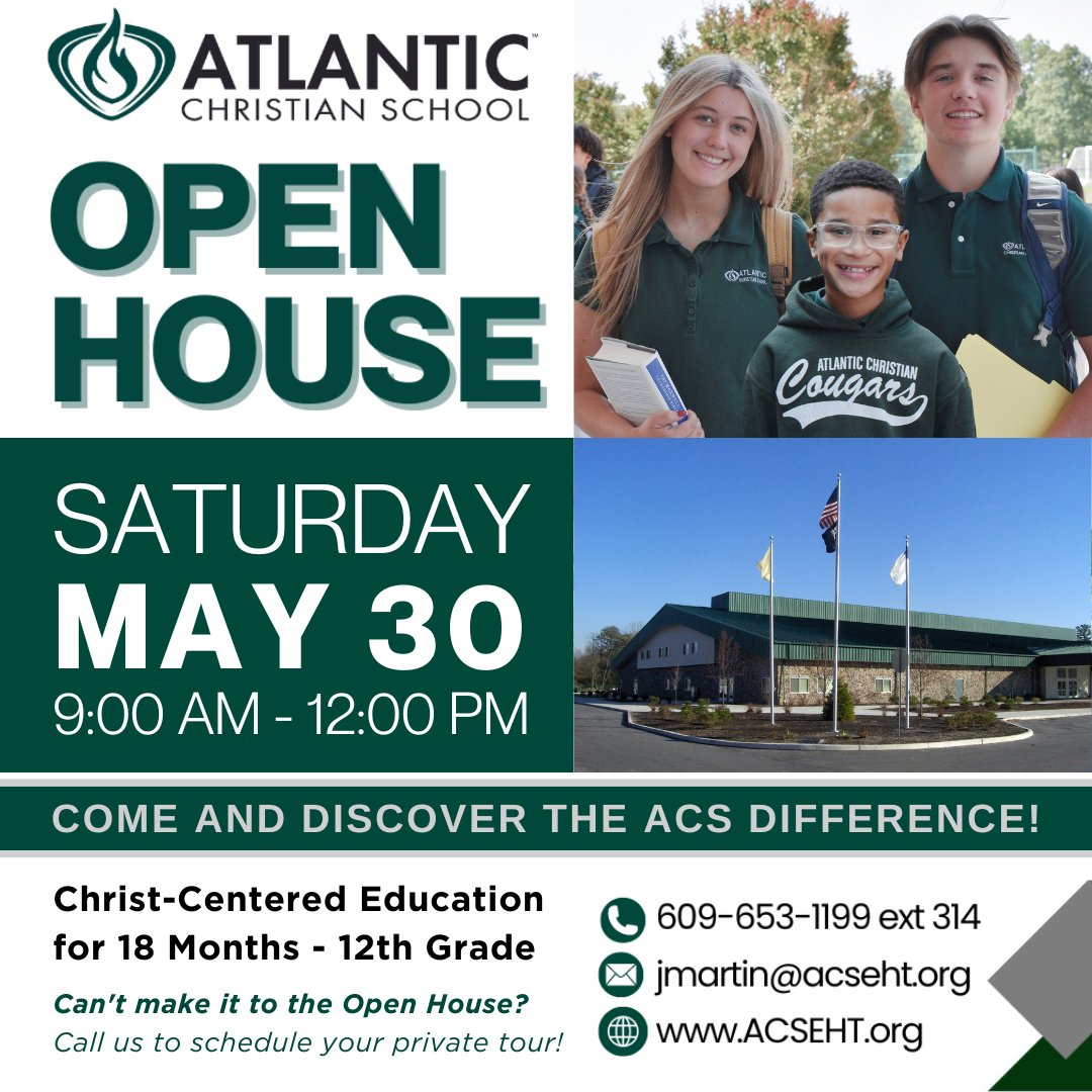 Looking for a Christ-centered education for your child? Come visit Atlantic Christian School!

Join us for our Open House this Saturday, May 30, from 9:00 AM–12:00 PM. This is a wonderful opportunity to learn more about our school community and all that ACS has to offer.

Families will have the opportunity to:

✨ Tour our campus
✨ Meet our teachers and staff
✨ Learn about our academic and extracurricular programs
✨ Explore opportunities in athletics, fine arts, and student activities
✨ Ask questions about admissions and tuition assistance

At Atlantic Christian School, students are encouraged to grow academically, spiritually, and socially in a caring, Christ-centered environment.

We would love to meet your family and share how ACS is making a difference in the lives of students each day.

📍 Atlantic Christian School
🗓 Saturday, May 30
⏰ 9:00 AM – 12:00 PM

For more information, visit: https://acseht.org/

#AtlanticChristianSchool #ACSCougars #ChristianEducation #OpenHouse #SouthJerseySchools #PrivateSchool #ChristCenteredEducation #AtlanticCounty #EggHarborTownship