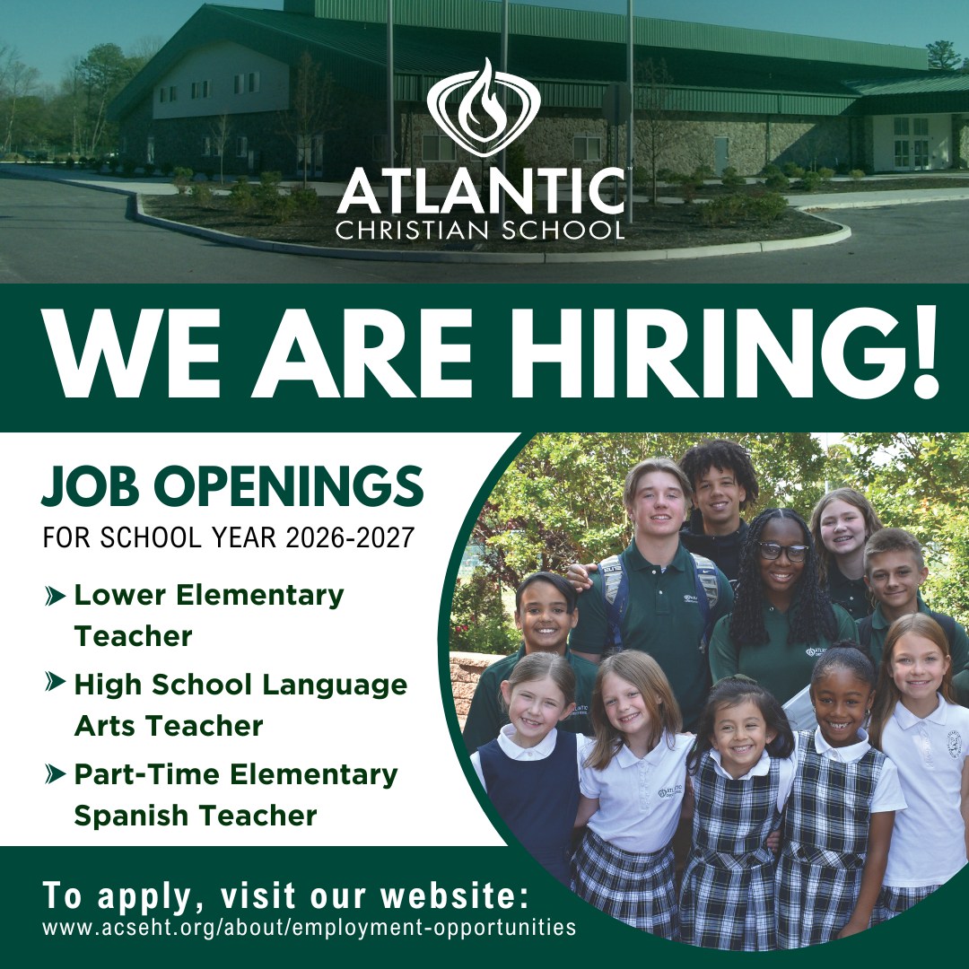 Join the ACS Team! Atlantic Christian School is looking for caring, qualified individuals who have a heart for students and a desire to serve in a Christ-centered school community.

We are currently seeking educators who are passionate about teaching, encouraging students, and making a meaningful difference each day.

To learn more about available opportunities and apply, please visit:
www.acseht.org/about/employment-opportunities

Please help us share the word! You may know someone who would be a wonderful fit for ACS.

#ACSCougars #ChristianEducation #NowHiring #teachingwithpurpose #ChristCenteredEducation #ACSEHT #AtlanticChristian #hiringnow #TeachingJobs  #atlanticcounty #EggHarborTownshipNJ