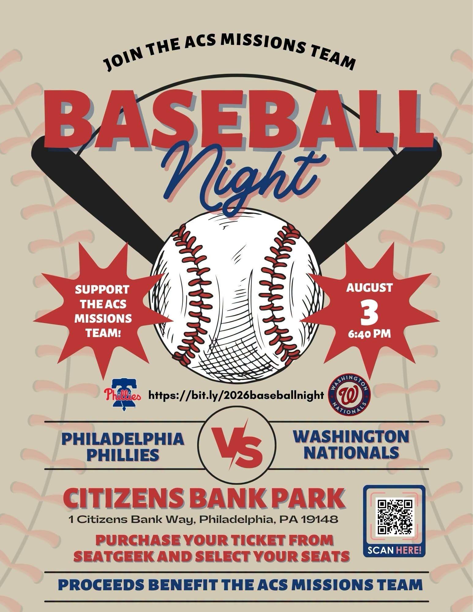 ⚾ ACS Baseball Night is only 10 days away!

Support the ACS Missions Team and join ACS families and friends on Monday, August 3, 2026, at 6:40 p.m. as the Philadelphia Phillies take on the Washington Nationals at Citizens Bank Park.

Tickets are limited—purchase yours today!

🎟️ https://bit.ly/2026baseballnight

Questions? Email Mr. Dave Genter at dgenter@acseht.org.

#AtlanticChristianSchool #ACSMissionsTeam #ACSBaseballNight #Phillies