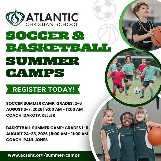 ACS Summer Sports Camps begin in just a couple of weeks! ☀️⚽🏀 Sign up at acseht.org/summer-camps/

There is still time to register your child for a fun week of sports, teamwork, and skill-building at Atlantic Christian School. Our camps are open to boys and girls in elementary school and are led by experienced ACS coaches.

⚽ Soccer Summer Camp
For students entering Grades 2–6
August 3–7, 2026
9:00–11:00 a.m.
Coach Dakota Keller

🏀 Basketball Summer Camp
For students entering Grades 1–6
August 24–28, 2026
9:00–11:00 a.m.
Coach Paul Jones

📍 Atlantic Christian School
💲 $150 per camp

Space is limited, so register today and save your child’s spot!

Sign up at acseht.org/summer-camps/

#AtlanticChristianSchool #ACSCougars #SummerAtACS #SummerSportsCamp #SoccerCamp #BasketballCamp #EggHarborTownship #SouthJerseyFamilies