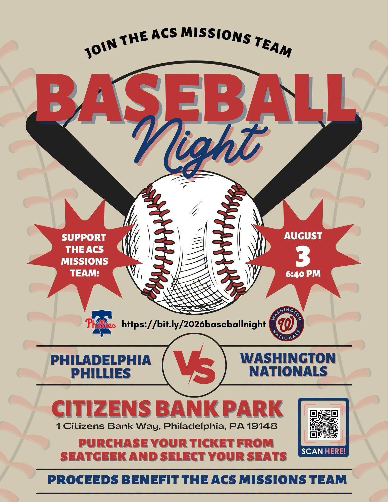 ⚾ Support the ACS Missions Team—ACS Baseball Night is this Monday!

Join ACS families and friends on Monday, August 3, at 6:40 p.m. as the Philadelphia Phillies take on the Washington Nationals at Citizens Bank Park.

Tickets are limited, so do not wait. Purchase yours today!

🎟️ https://bit.ly/2026baseballnight

Questions? Email Mr. Dave Genter at dgenter@acseht.org.

#AtlanticChristianSchool #ACSMissionsTeam #ACSBaseballNight #Phillies