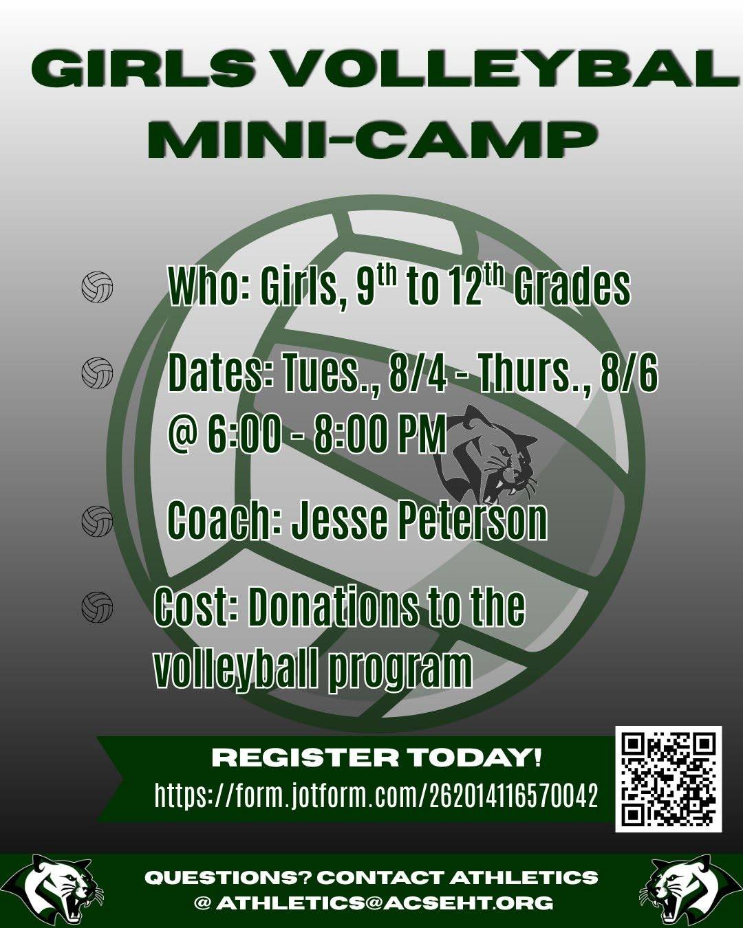 High school girls interested in volleyball, register now for this Mini-Camp to acquire essential skills and prepare for the upcoming season! Link below!

https://form.jotform.com/26201411657004