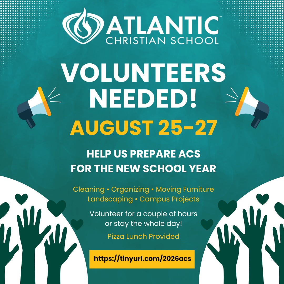 Help Us Prepare ACS for a New School Year!  We are looking for volunteers to help prepare our campus and classrooms for the return of our students. There are many ways to serve, including:

• Cleaning classrooms and lockers
• Moving desks, chairs, and classroom supplies
• Organizing materials
• Setting up classrooms and common areas
• Landscaping, weeding, and outdoor cleanup
• Completing other light maintenance projects

Volunteer for a two-hour time slot or stay and serve with us for the whole day. Individuals, families, alumni, church groups, and community friends are welcome!

📚 This is also a great opportunity for students to get a head start on completing their required service hours!

🍕 Pizza lunch will be provided for our volunteers.

Your time and helping hands will make a meaningful difference as we prepare a welcoming space for our students and teachers.

Sign up here: https://tinyurl.com/2026acs

Thank you for helping us get Atlantic Christian School ready for a great new school year!

#AtlanticChristianSchool #ACSCougars #VolunteerAtACS #BackToSchoolPrep #StudentServiceHours #ServingTogether