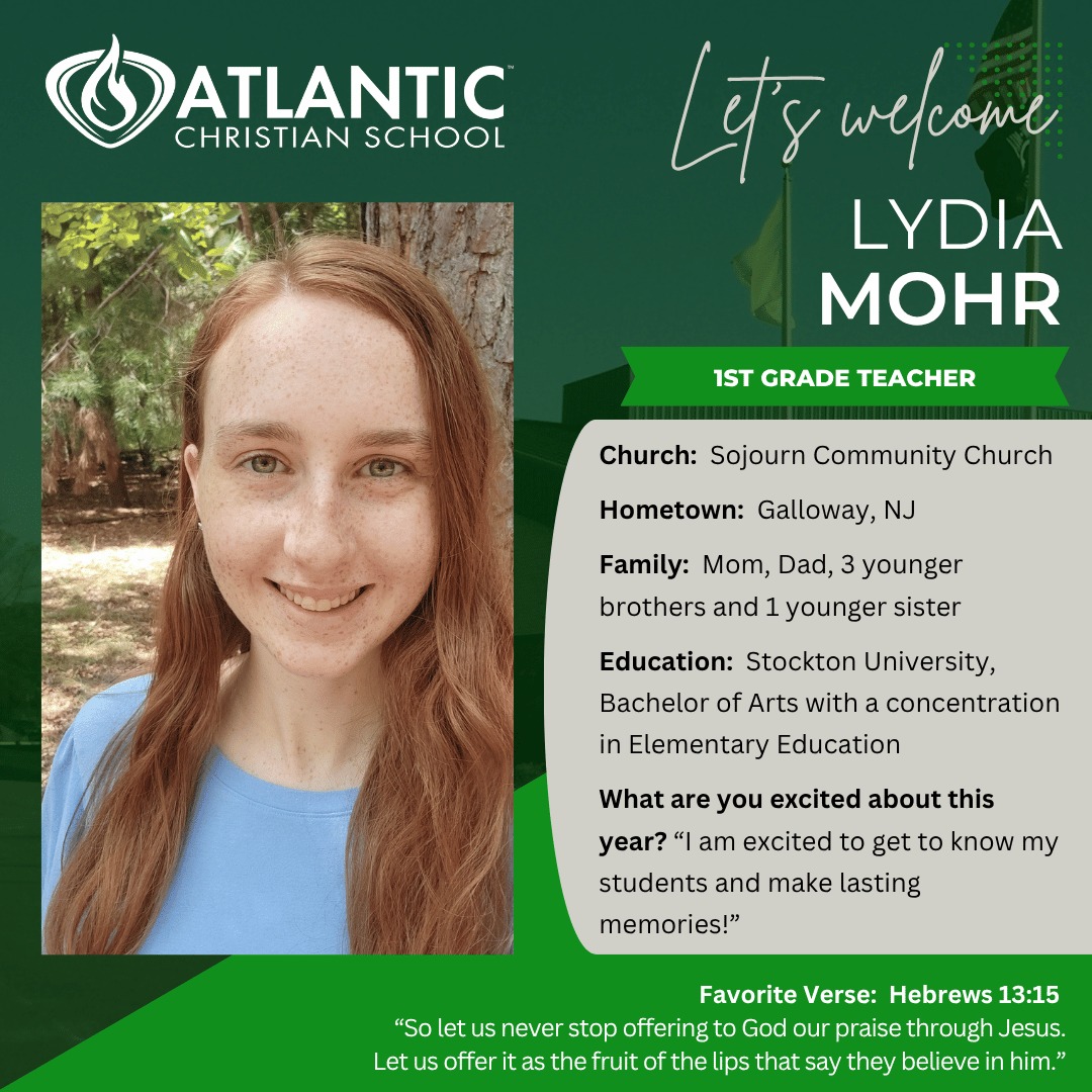 Meet Our New Teacher: Ms. Lydia Mohr! 

We are excited to welcome Ms. Mohr as our new First Grade Teacher at Atlantic Christian School!

A few fun facts about Ms. Mohr: She loves crocheting, reading, and spending time with family and friends!

Please join us in warmly welcoming Ms. Mohr to the ACS family! We are thankful to have her join our teachers as we help students learn, grow, and deepen their faith.

#AtlanticChristianSchool #MeetOurTeachers #ACSCougars #ChristianEducation #WelcomeToACS #ACSEHT #atlanticchristian