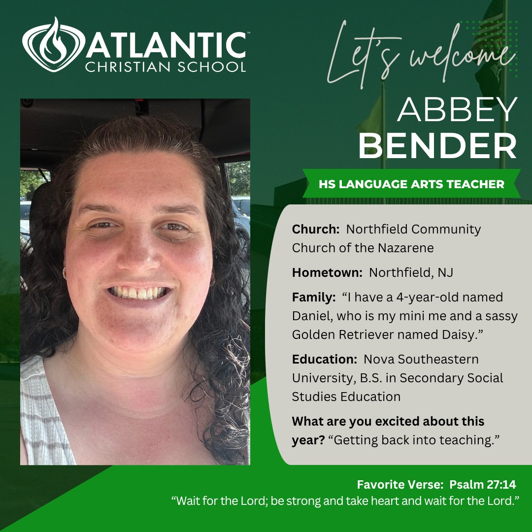 Meet Our New Teacher: Ms. Abbey Bender! We are excited to welcome Ms. Bender as our new High School Language Arts Teacher at Atlantic Christian School!

A few fun facts about Ms. Bender: She enjoys day adventures with her son, attending Christian concerts, spending time outdoors, crocheting, and crafting. She also knows how to twist balloons into creative shapes and has shared that talent at an event lasting three days! A former rower, she has also coached rowing.

Ms. Bender is active in her church, where she sings on the worship team, teaches children’s church, and participates in a women’s Bible study.

Please join us in warmly welcoming Ms. Bender to the ACS family! We are thankful to have her join our school community.

#AtlanticChristianSchool #MeetOurTeachers #ACSCougars #ChristianEducation #WelcomeToACS #ACSEHT