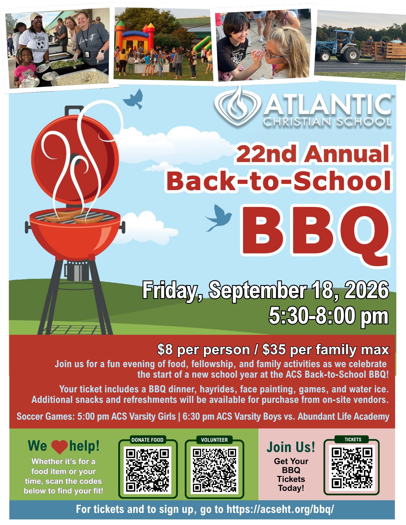 The ACS Back-to-School BBQ is this Friday, September 18, at 5:30 p.m.! ACS families, purchase your tickets today and join us for an evening of food, fellowship, and family fun as we celebrate the start of a new school year.

🎟️ Purchase tickets: https://acseht.org/bbq

Enjoy a BBQ dinner, hayrides, face painting, games, water ice, family activities, and more! Additional snacks will be available for purchase from on-site vendors.

⚽ Come cheer on the Cougars as they take on Abundant Life Academy!

5:00 p.m. — Varsity Girls
6:30 p.m. — Varsity Boys
Please purchase your tickets and sign up soon so we can plan for everyone attending. We look forward to seeing you this Friday! 💚

#ACSBackToSchoolBBQ #ACSEHT #ChristianEducation #GoCougars #AtlanticChristian