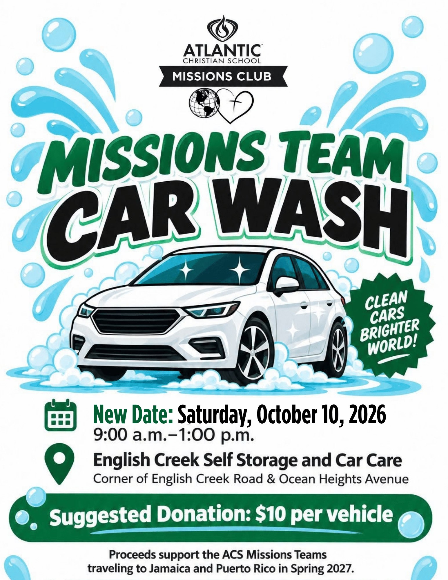 🚨 CAR WASH POSTPONED 🚨  Due to the weather forecast, the ACS Missions Team Car Wash has been postponed to Saturday, October 10, from 9:00 a.m. to 1:00 p.m.

Please join us at English Creek Self Storage and Car Care. The suggested donation is $10 per vehicle, and all proceeds will support our spring mission trips to Jamaica and Puerto Rico.

Thank you for your understanding and continued support of ACS Missions! 💚

#acseht #ACSMissions #CarWashFundraiser