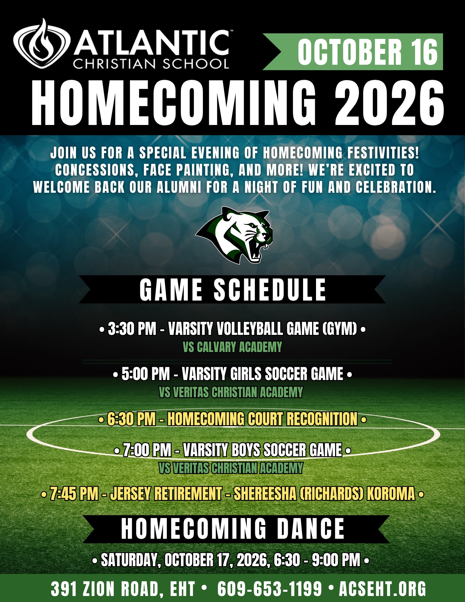 🏐⚽ ACS Homecoming Games | Friday, October 16

Alumni and ACS families, join us for an evening of volleyball and soccer games, student performances between games, concessions, face painting, and time together! We’ll also recognize our Homecoming Court and retire the jersey of ACS alumna Shereesha Richards (’12).

We look forward to welcoming our alumni back to ACS! 💚

ACS high school students are invited to a separate Homecoming Dance. Details will be emailed to students this week.

#ACSHomecomingGames #ACSCougars #ACSAlumni #atlanticchristianschool #acseht