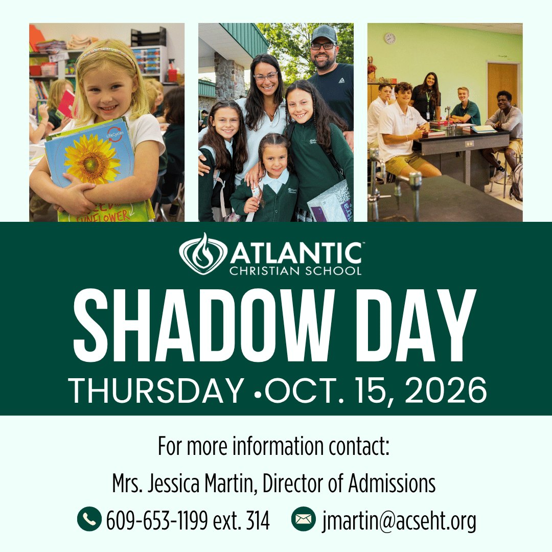 Could Atlantic Christian School be the right fit for your child? Come experience a day at ACS!

Students in grades 3–12 are invited to our Shadow Day next Thursday, October 15! Spend a full day with an ACS student, meet teachers, and experience our Christ-centered classrooms and welcoming community.

Register with Jessica Martin:
📞 609-653-1199 ext. 314
✉️ jmartin@acseht.org

Know a family exploring Christian education? Invite them to join us!

#AtlanticChristianSchool #ShadowDay #ChristianEducation #ACSEHT