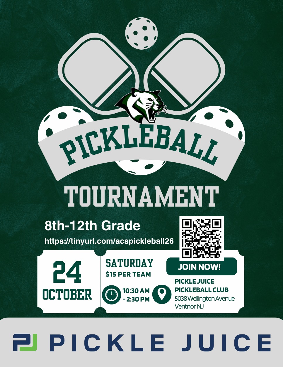 8th-12th Pickleball Tournament on October 24! Students in grades 8–12, grab a friend and join us for an afternoon of pickleball and friendly competition! Our upcoming Pickleball Tournament is this Saturday, October 24, from 10:30 a.m. to 2:30 p.m. at Pickle Juice Pickleball Club in Ventnor, NJ.

Get ready to compete and have fun! Teams consist of two students, and the entry fee is $15 per team. It’s a great chance to spend time with friends and see what you can accomplish together on the court.